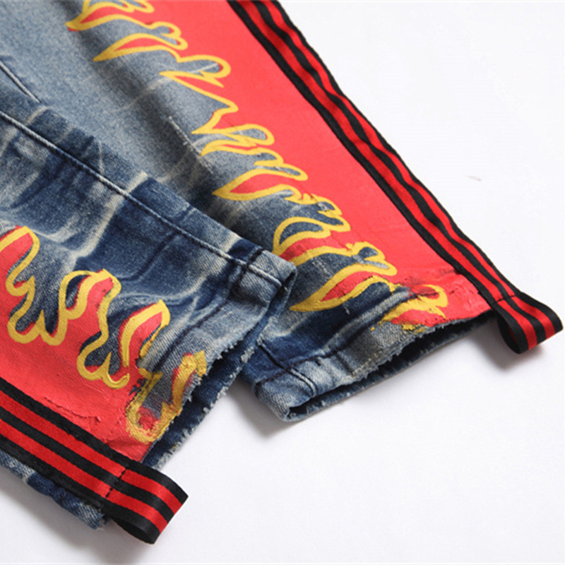 Mens Jeans Fall Punk Men Fashion Ripped Flame Print MidWaist Casual Slim Stretch Streetwear 230720