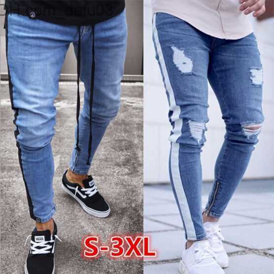 Men's Jeans Fashion-Ripped Jeans Leg Zipper Striped Biker Denim Pencil Pants Male Fit Long Trousers Pants Slim Distressed Streetwear Jeans Mens P