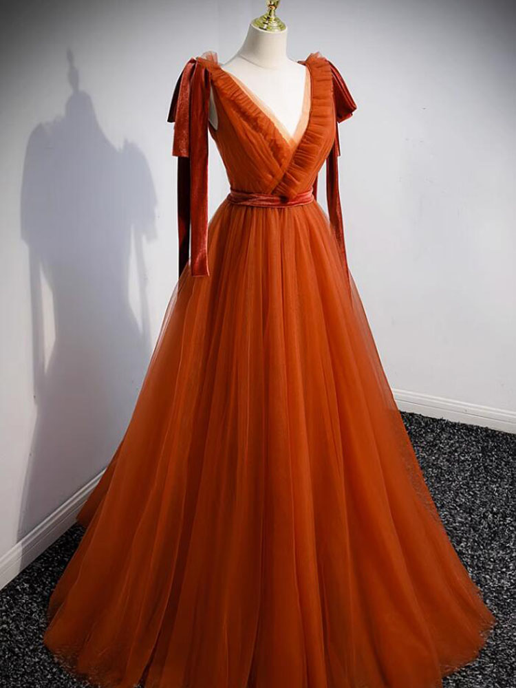 Elegant Orange Evening Dress V-Neck Soft Tulle with Velvet Long Prom Gowns