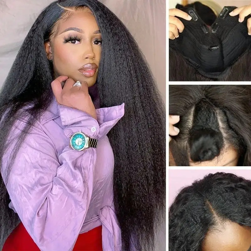 Yaki Straight No Leave Out Brazilian Kinky straight V Part Wig Human Hair Wig for Black Women 130% Density Glueless Virgin Hair