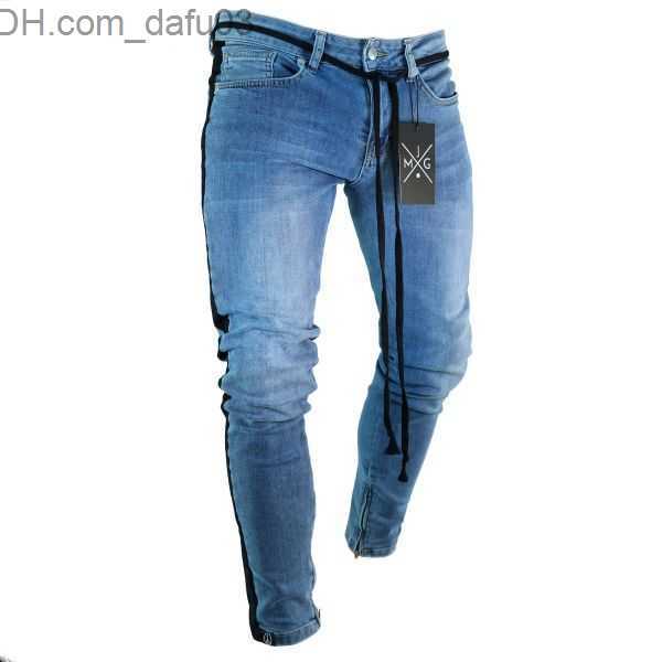 Men's Jeans Fashion-Ripped Jeans Leg Zipper Striped Biker Denim Pencil Pants Male Fit Long Trousers Pants Slim Distressed Streetwear Jeans Mens P