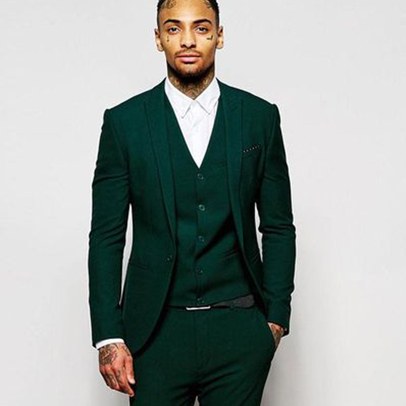 Men's Suits Blazers Slim Fit Men Dark Green ed Lapel 3 Piece Wedding Groomsmen Tuxedos Male Fashion Jacket with Pants Vest Prom Clothes 230719