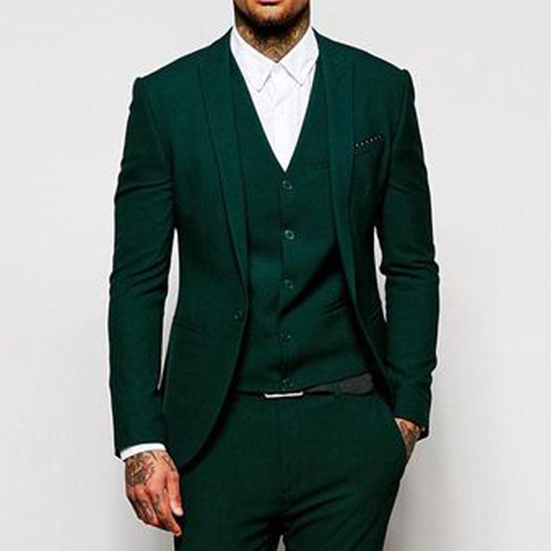 Men's Suits Blazers Slim Fit Men Dark Green ed Lapel 3 Piece Wedding Groomsmen Tuxedos Male Fashion Jacket with Pants Vest Prom Clothes 230719