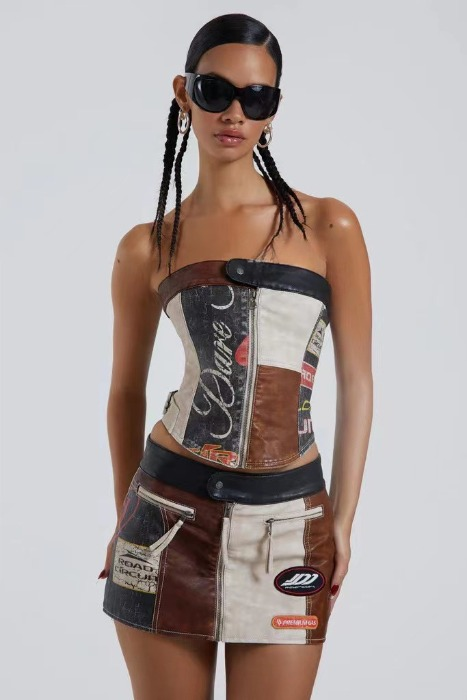 150810 Fashion Classic Trendy Luxury Designer Cloth Iamg Jaded London Splice Racing PU Distressed Printed Corset Miniskirt Skirt Women