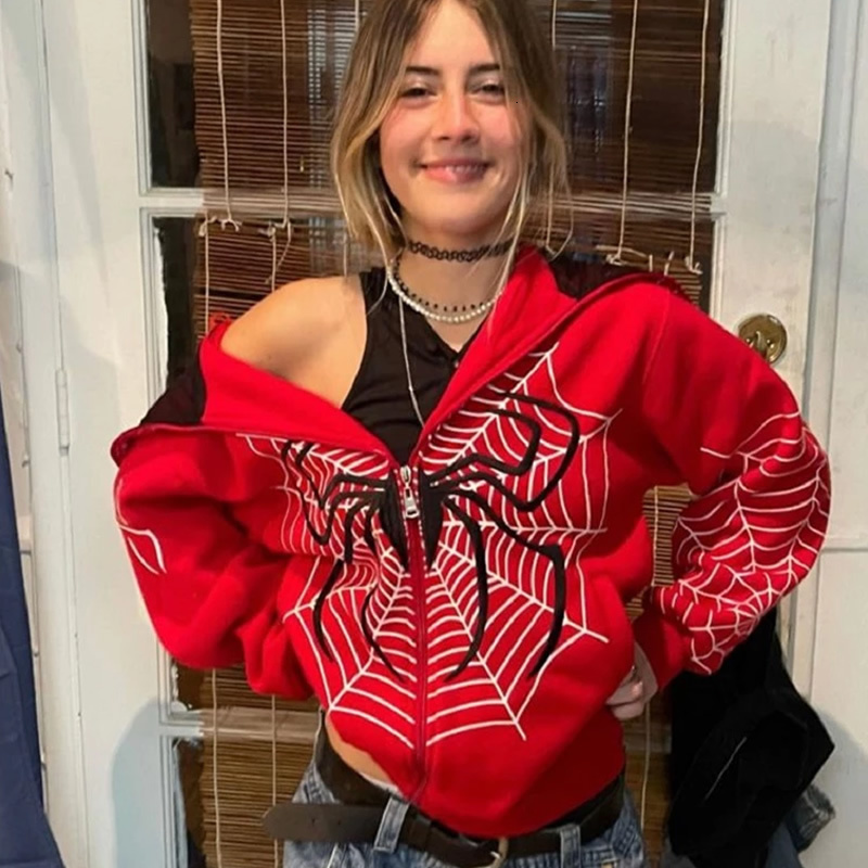 Women's Hoodies Sweatshirts Y2k Emo Women Streetwear Hoodie Spider Web Red Zip Up Hoodies Grunge Oversized Sweatshirt Gothic Harajuku Alt Jackets