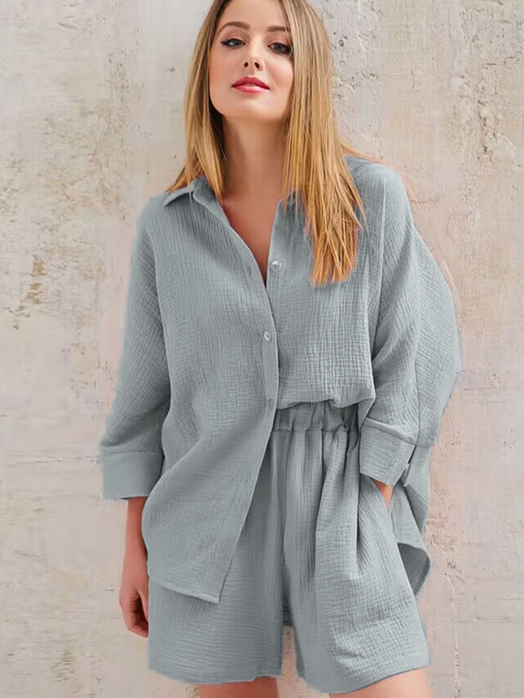 Women's Two Piece Pants Long Sleeve Shirts And Loose High Waist Mini Shorts Sets Summer Loung Wear Pajamas Suits Casual Outerwear Set 230719