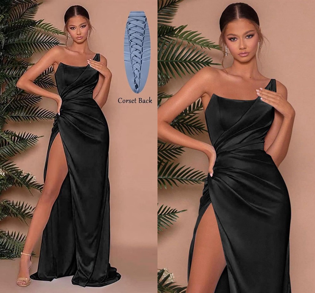Black One Shoulder Bridesmaid Dress, Mermaid Thigh Split, Elastic Satin, Formal Evening Prom Gown, 2024 Collection