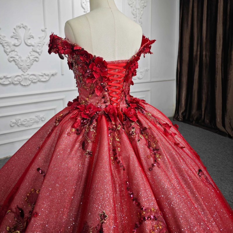 Red Shiny Off The Shoulder Quinceanera Dresses Ball Gown 3D wers Appliques Beading Crystal Corset Princess 15 vestidos de quinceanera anos Sweet 16 Dr