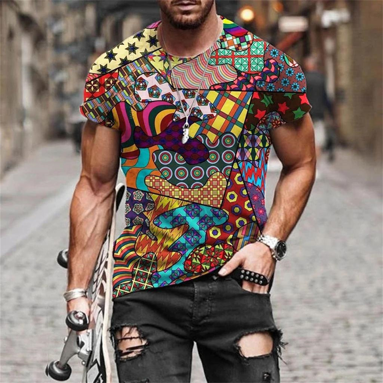 Mens TShirts Retro Abstract Pattern Printed Tshirt Colorful Top Harajuku 3D Patch Work Casual Street Clothing Short Sleeve Daily Wear 230720