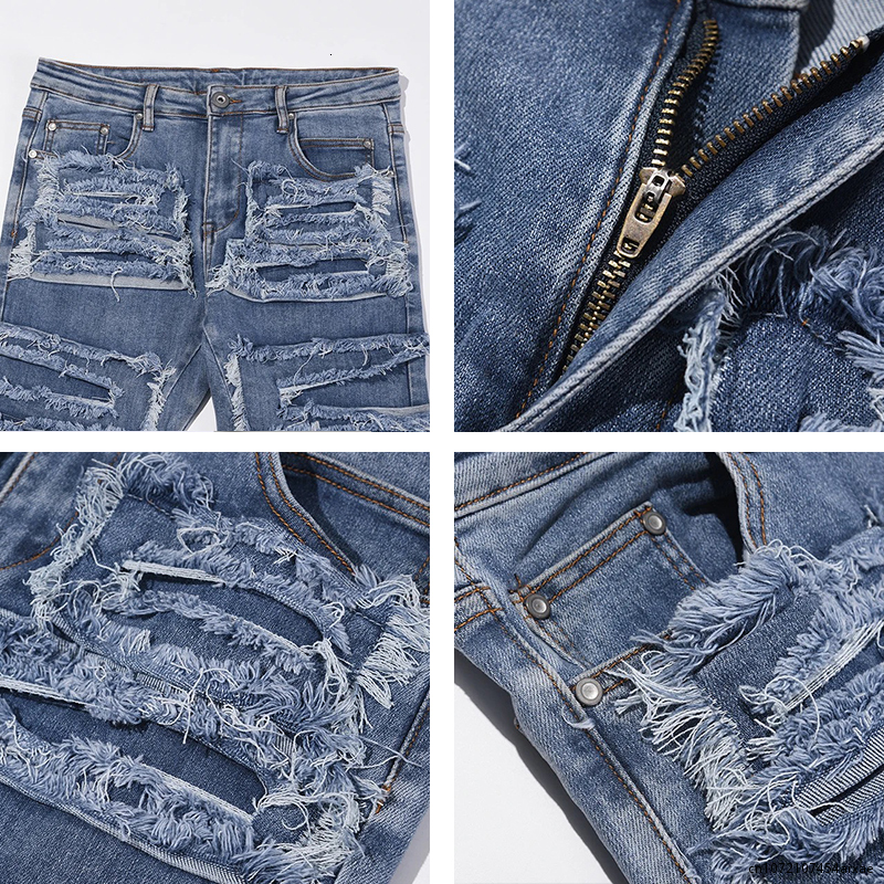 Mens Jeans Ripped Men Heavy Destroyed Slim Denim Pants Gothic Casual Trousers Male Streetwear Punk Hip Hop Black Blue Spring 230720