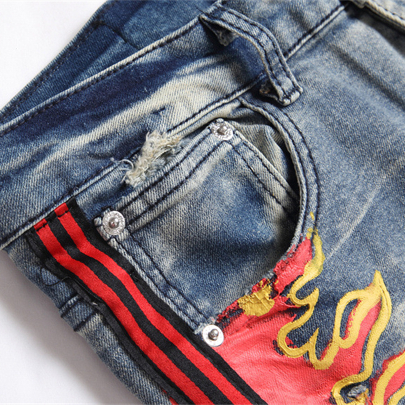 Mens Jeans Fall Punk Men Fashion Ripped Flame Print MidWaist Casual Slim Stretch Streetwear 230720