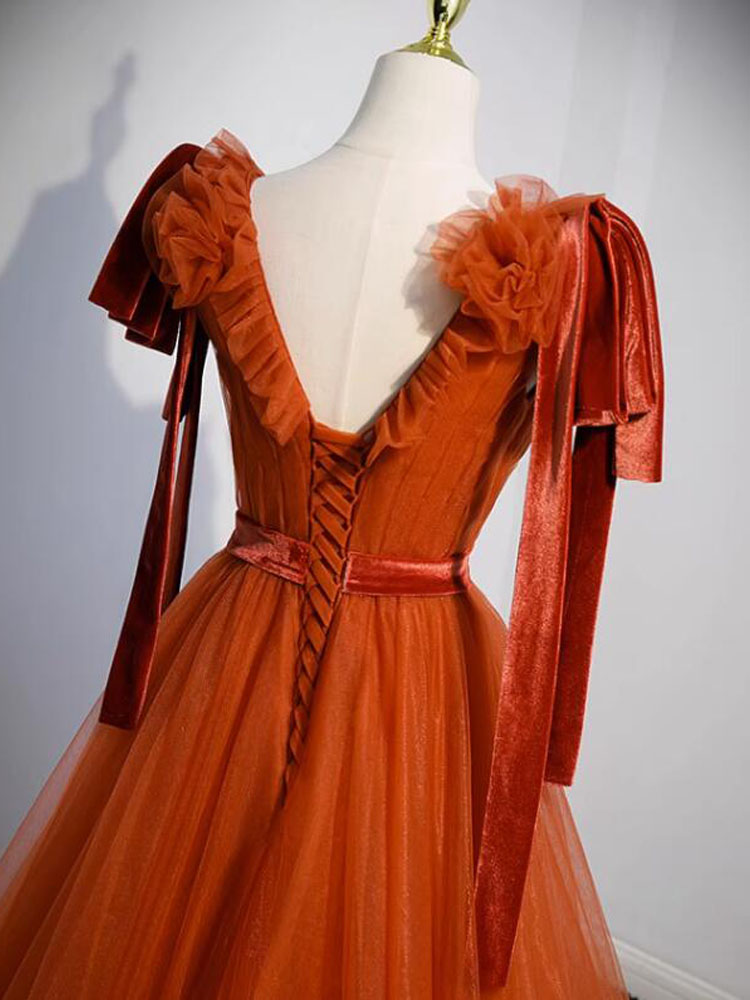 Elegant Orange Evening Dress V-Neck Soft Tulle with Velvet Long Prom Gowns