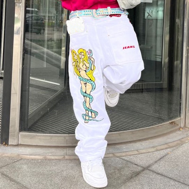 Mens Jeans Hip Hop Men clothing Y2K Womens Cargo Punk Wide Leg Pants Fashion Anime Print Denim Street Apparel Baggy 230720