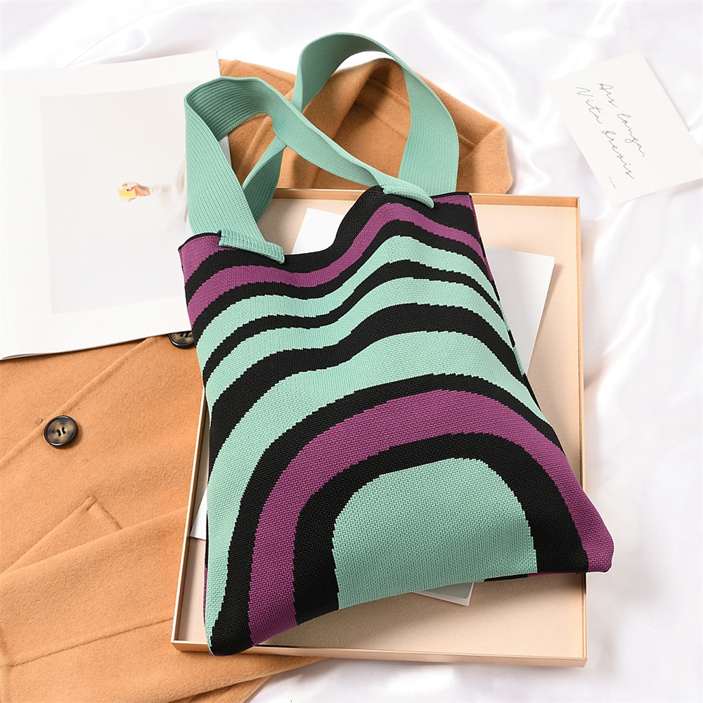 Evening Bags Large Capacity Knit Handbag Women Shoulder Bag Female Casual Simple Stripe Plaid Tote Student Reusable Canvas Shopping 230720