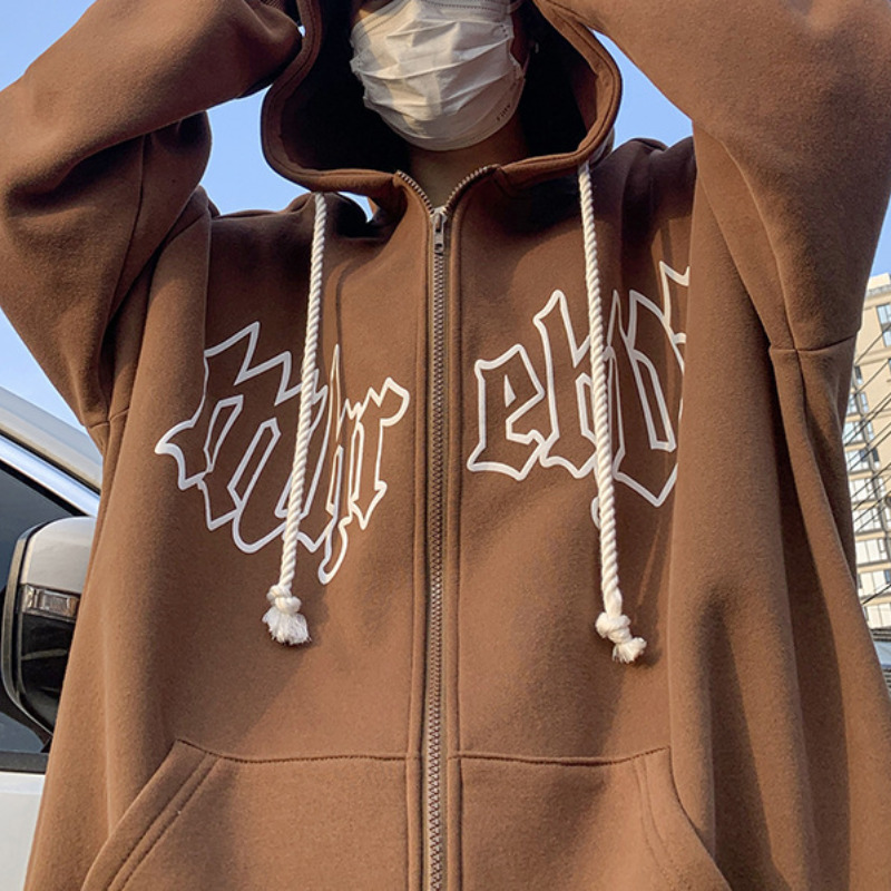 Women's Hoodies Sweatshirts Letter Embroidery Zip Up Hoodies Women Long Sleeve Loose Top Harajuku Gothic Big Size Hooded Sweatshirt Jacket Coats 
