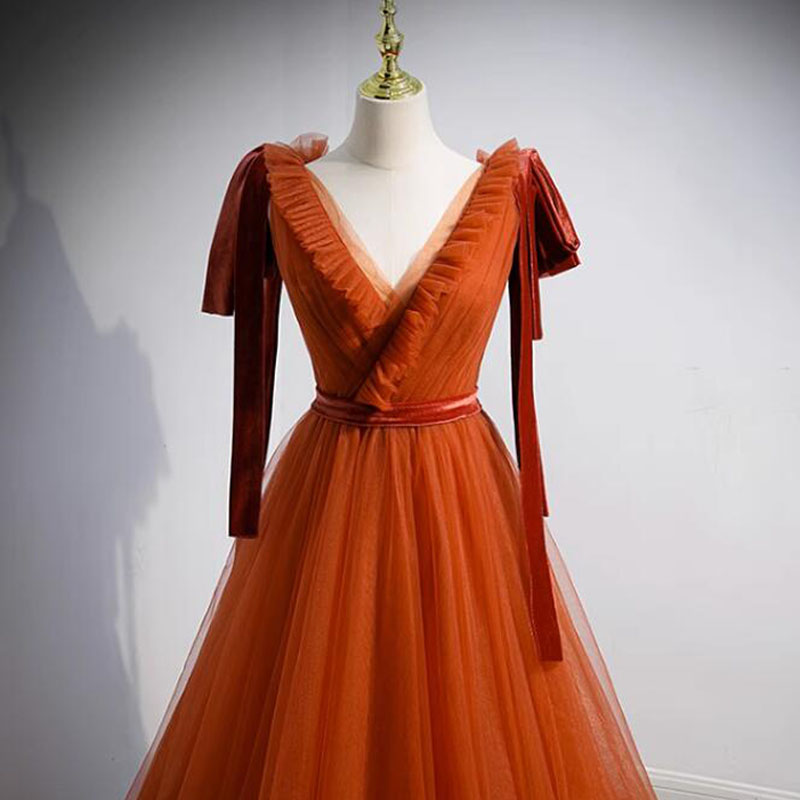 Elegant Orange Evening Dress V-Neck Soft Tulle with Velvet Long Prom Gowns