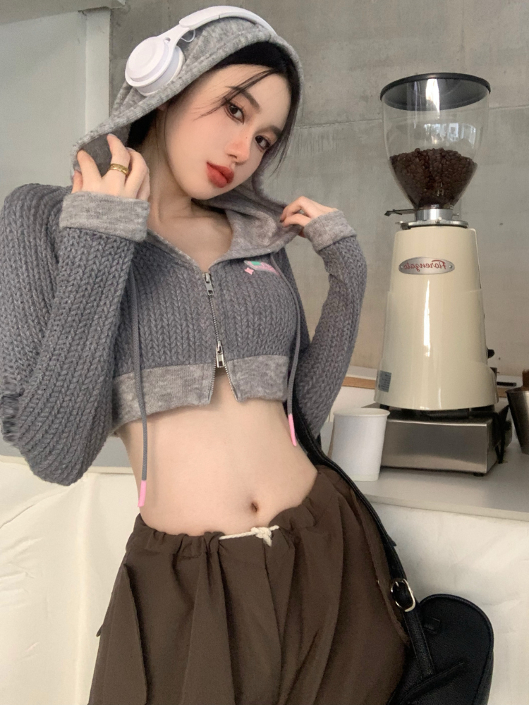 Women's Knits Tees Deeptown Y2K Vintage Hooded Cropped Cardigan Women Harajuku Kpop Zipper Knitted Sweater Korean Fashion Slim Long Sleeve Tops 0