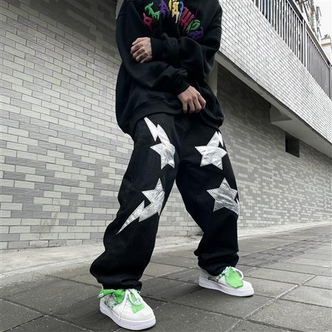 Mens Pants Fashion Jeans WomensMens Trend National Hip Hop Street Lightning Five Point Star Patch Loose Casual Wide Leg 230720