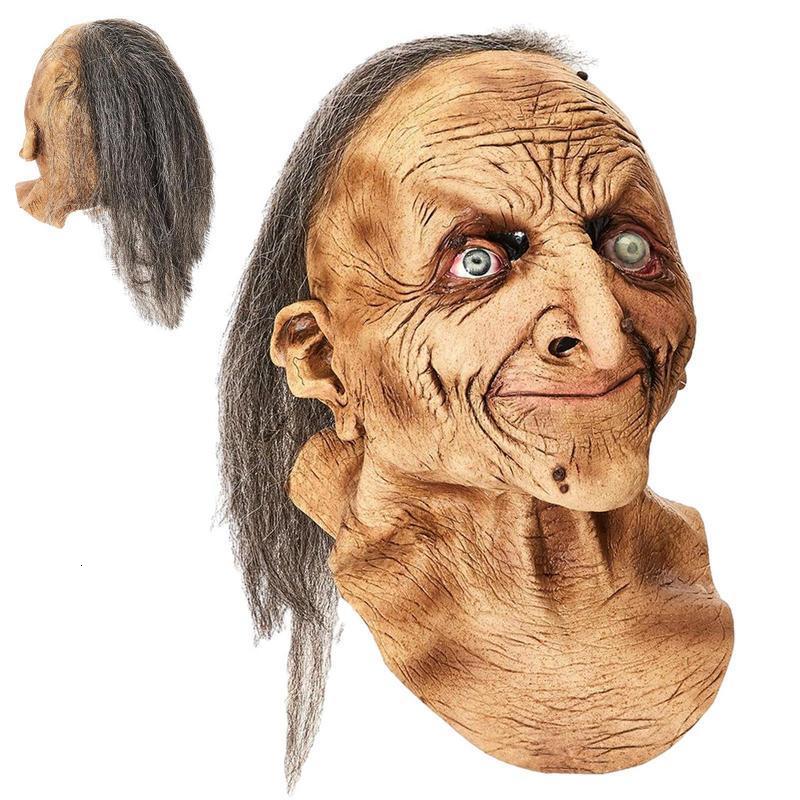 Party Masks Halloween Horror Old Witch Latex Head Cover Realistic Scary Mask With Hair Costume Cosplay Prop Ghost House 230721