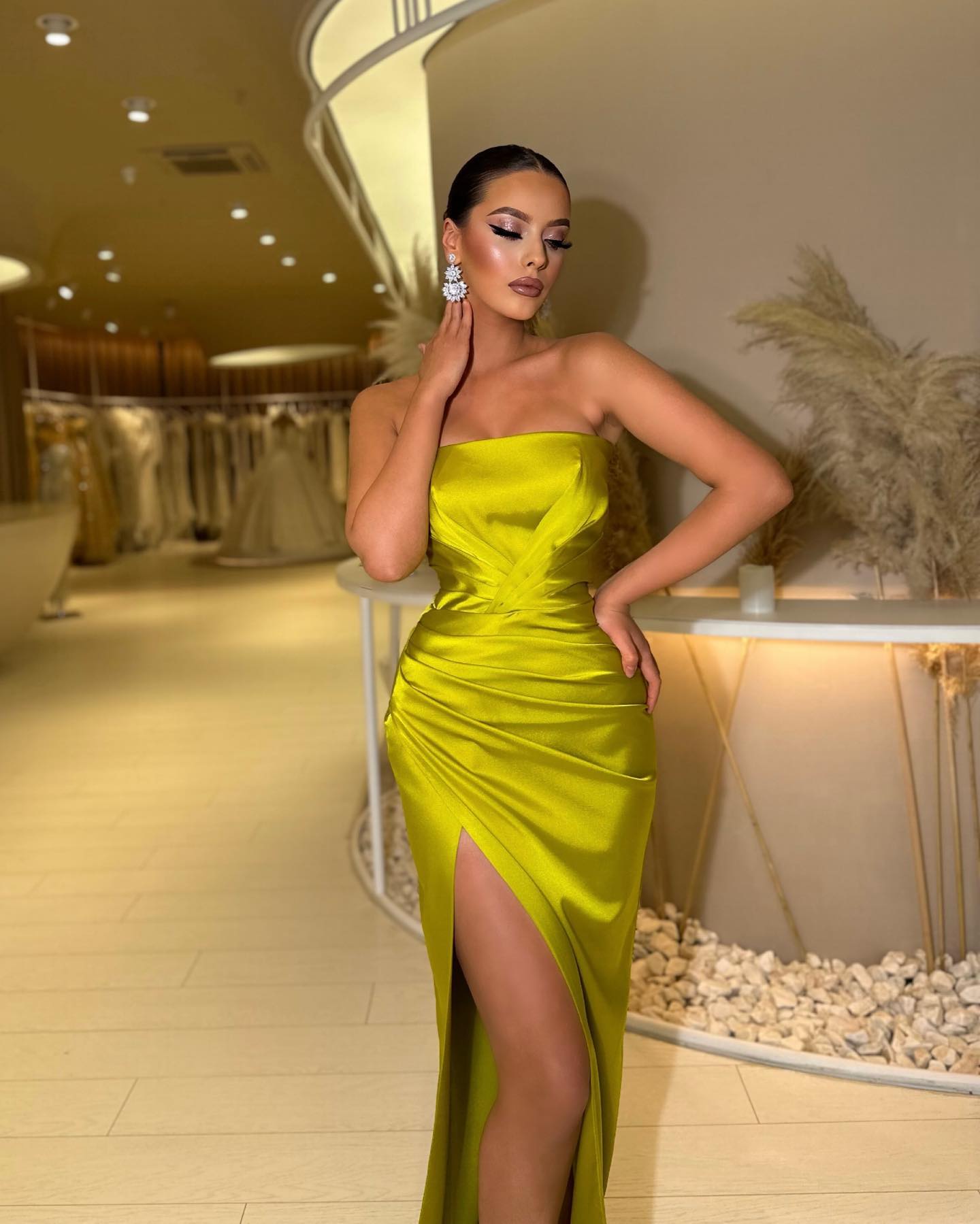 Chic Green Prom Dresses Strapless Evening Gowns Pleats Split Formal Long Special Ocn Party Dress Lz0304