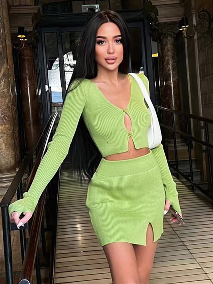 Two Piece Dress wsevypo Women Two-piece Knitted Ribbed Skirt Suit Casual Long Sleeve Button down Crop Tops and Short Wrap Skirt Matching Sets 230720
