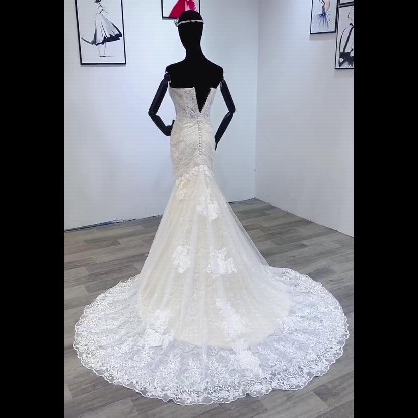 Classic Mermaid Wedding Dresses Sweetheart Sleeves Lace Applicants Button Tulle Court Backless Custom Made Plus Size Bridal Gown Vestidos De Novia