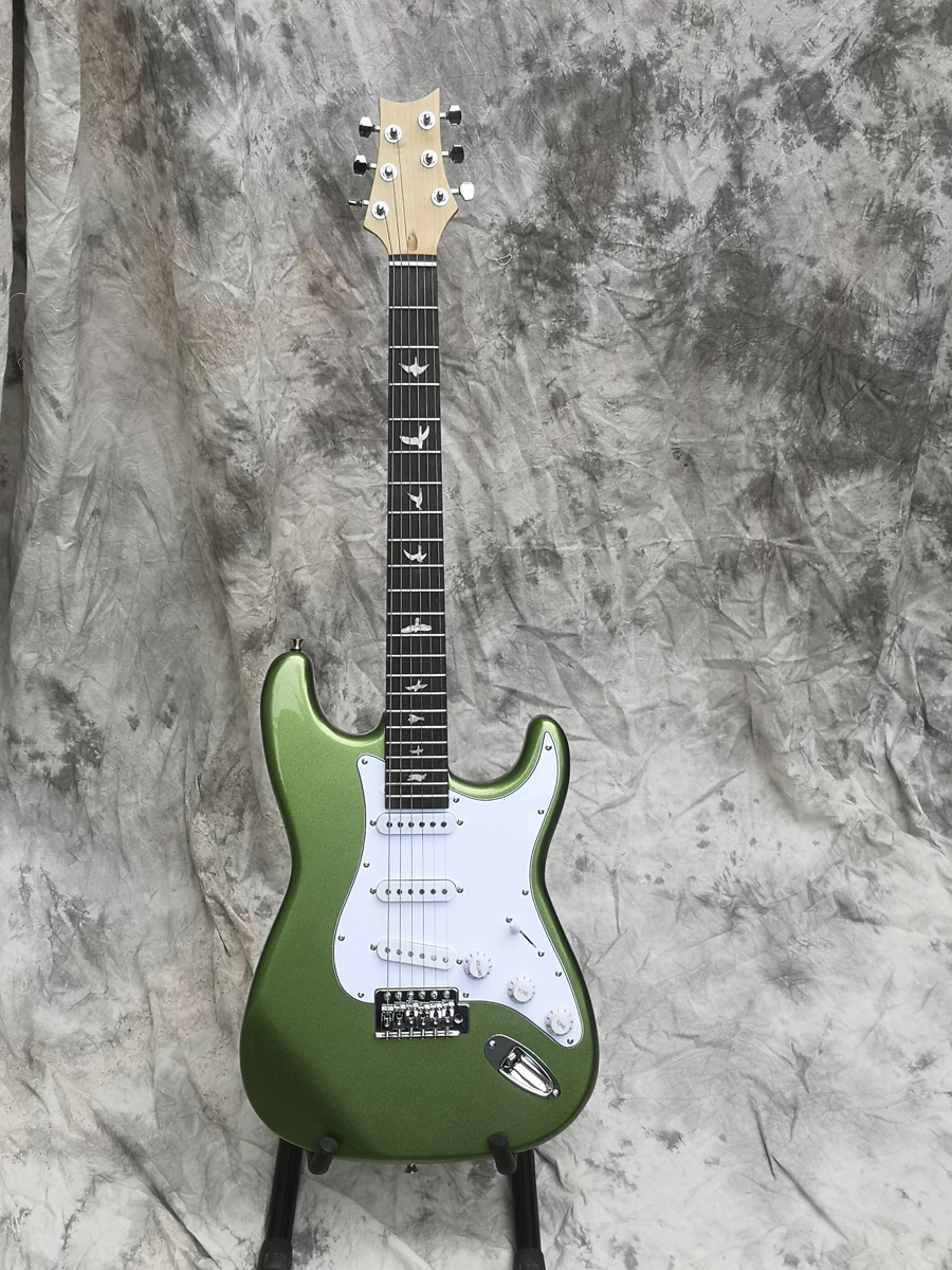Custom John Mayer Sliver SKY Tungsten Metallic Green Electric Guitar ST Style Shape Neck, Black Neck Plate, White Pearl Inlay, Tremolo Bridge