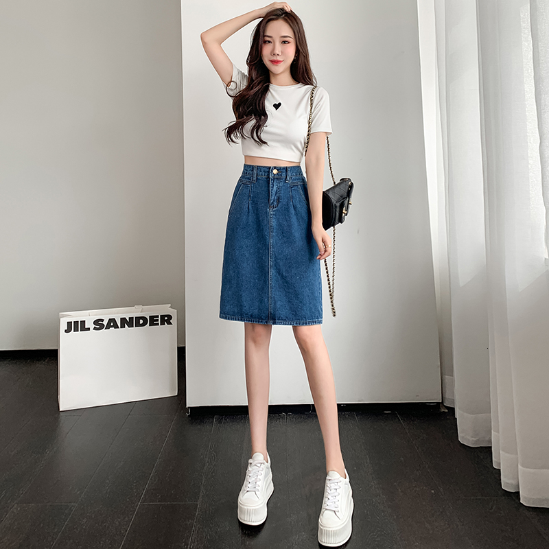Skirts Korean Fashion Sexy Splicing Fold Woman Mediumlong Jean Skirt Casual Female Girls Denim Drop p230720