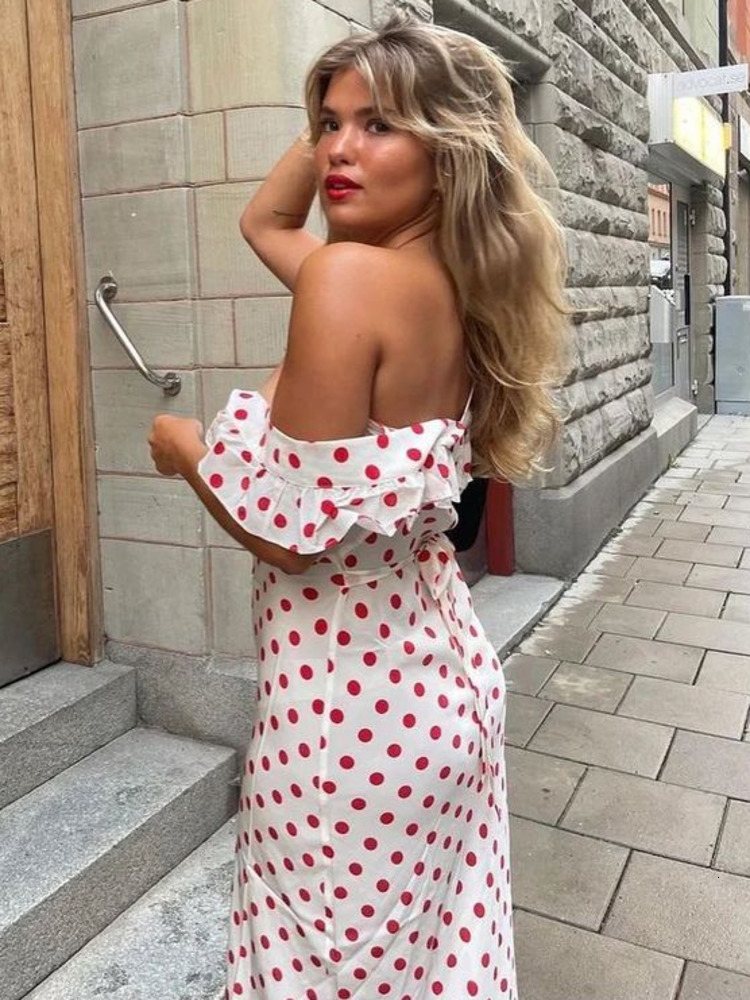Basic Casual Dresses JULISSA MO Polka Dot Ruffles Bandage Maxi Dress Women Off Shoulder Slim Elegant Party Dress Summer Beach Holiday Sundresses 23072