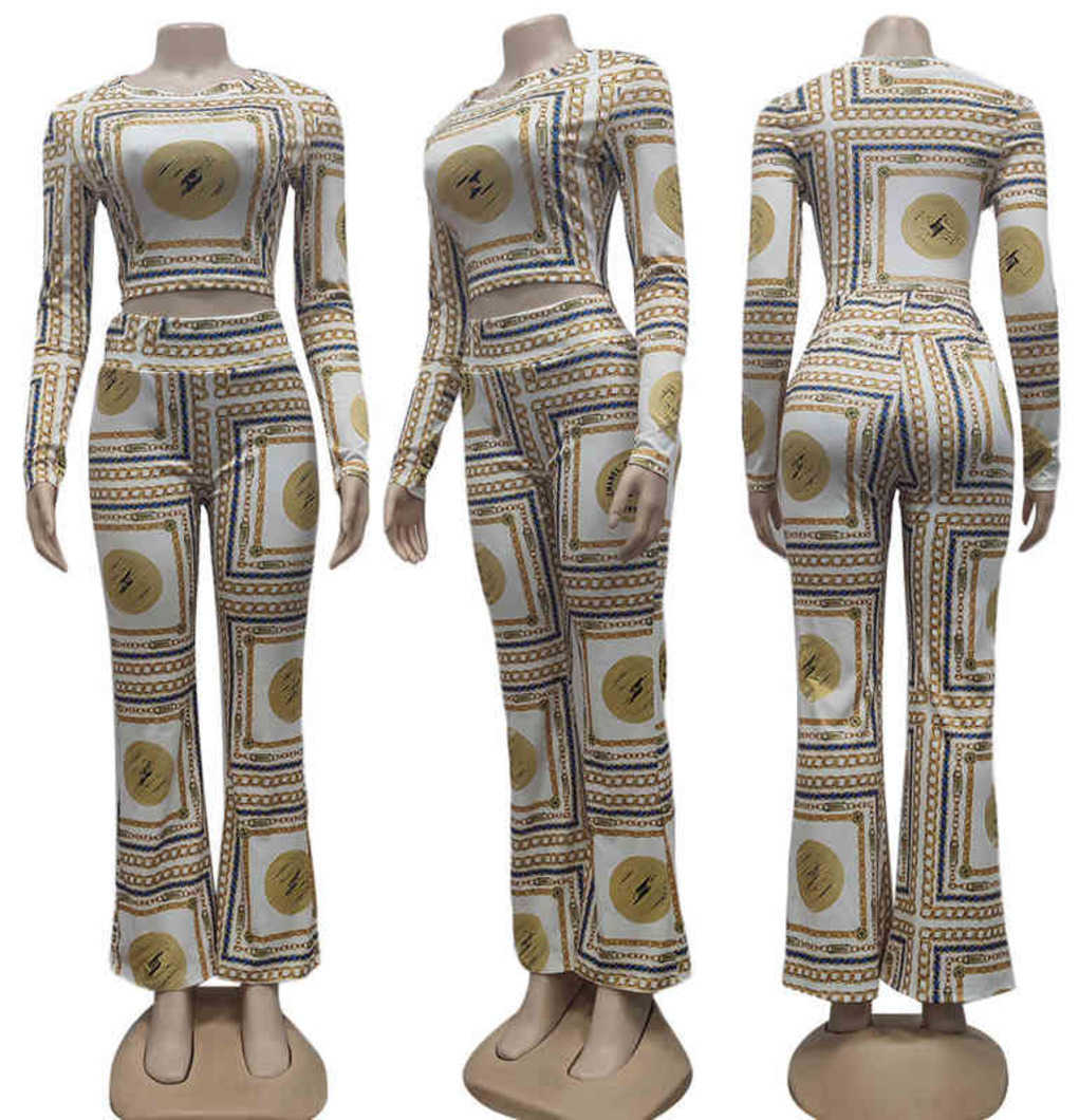 J2618 Womens Fashion Luxury Set Short Top Casual Designer Printed Trousers Two Piece Set