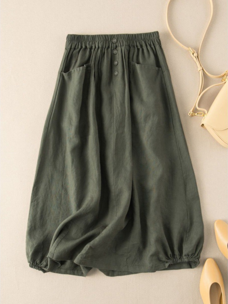 Skirts Summer Cotton and Linen Skirt Women Fashion Retro Solid Color High Waist Midlength Aline 230720