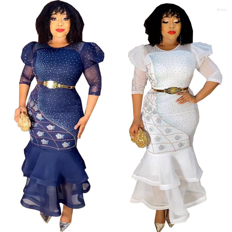 Casual Dresses African White Long For Women Beading Patchwork Mesh Puff Sleeve Ruffles Hem Birthday Party Dress Cocktail Gowns Outfits