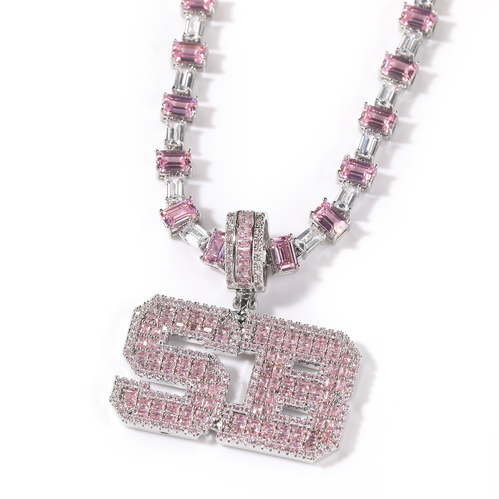 Hip Hop Pink T Zircon A-Z Letters Pendant Necklace with Pink Square Zircon Tennis Chain Rap Jewelry