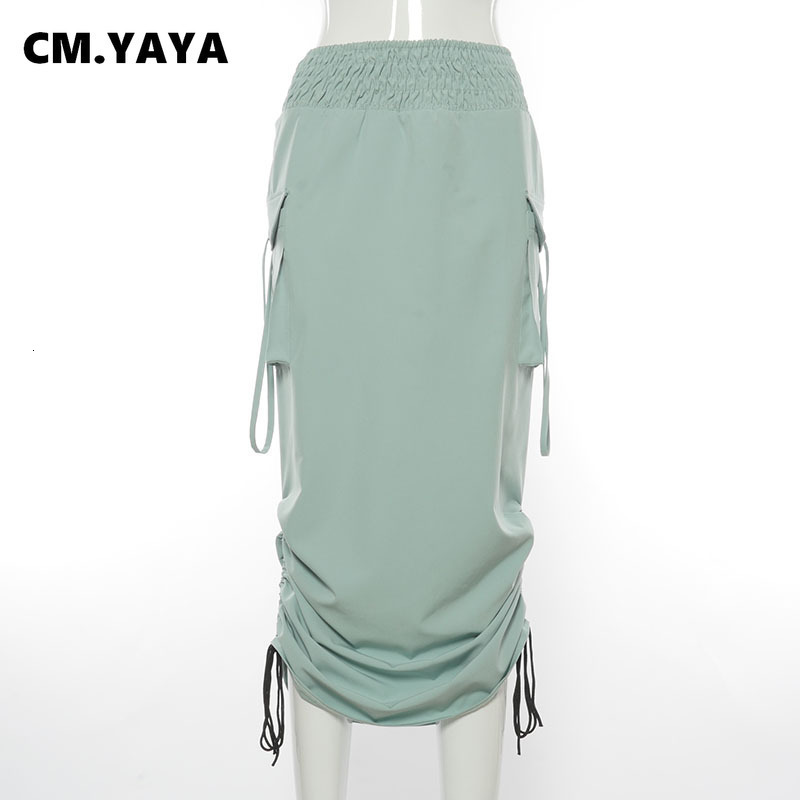 Skirts CMYAYA Loose Side Drawstring Pleating Solid Women Adjustable Length Skirt with Pockets Female Casual Streetwear 230720