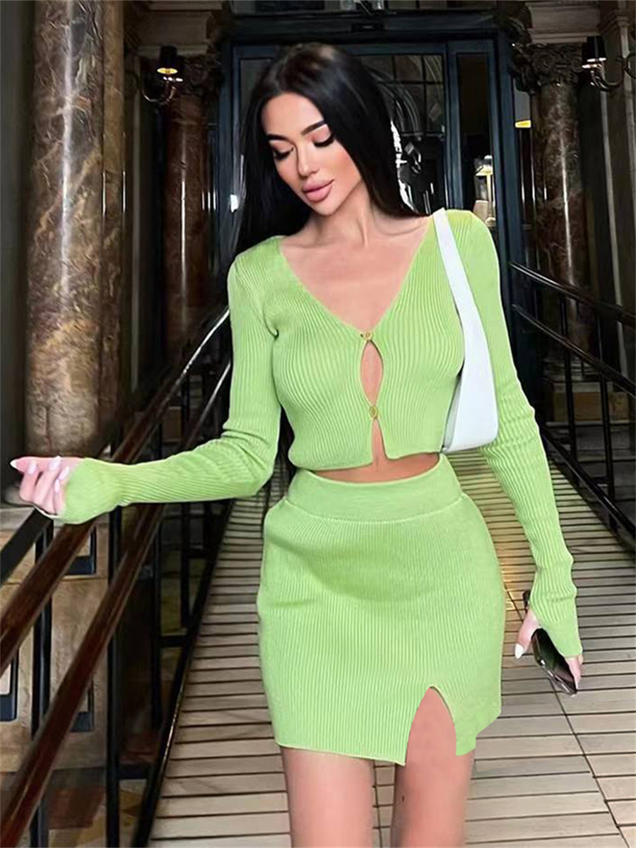 Two Piece Dress wsevypo Women Two-piece Knitted Ribbed Skirt Suit Casual Long Sleeve Button down Crop Tops and Short Wrap Skirt Matching Sets 230720