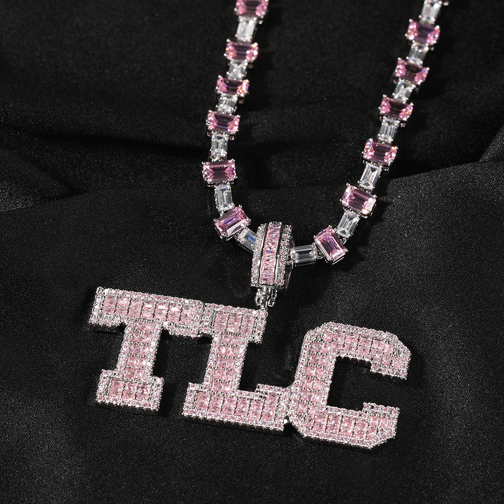 Hip Hop Pink T Zircon A-Z Letters Pendant Necklace with Pink Square Zircon Tennis Chain Rap Jewelry