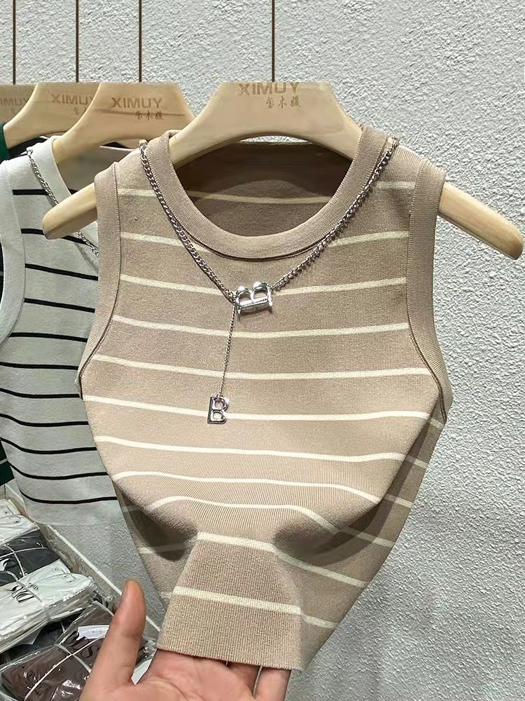 Women's Tanks Camis Spring Summer Striped Knitted Sleeveless Top High Waist Navel Short Vest Tshirt Tops Tank for Women White Corset 230720