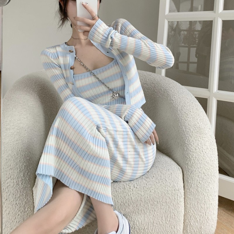 Two Piece Dress Stripe Knitted Women Fashion Two Piece Set Autumn Long Sleeve Cardigan Tops And Sexy Sheath Sling Dress Elegant Suit Female 230720
