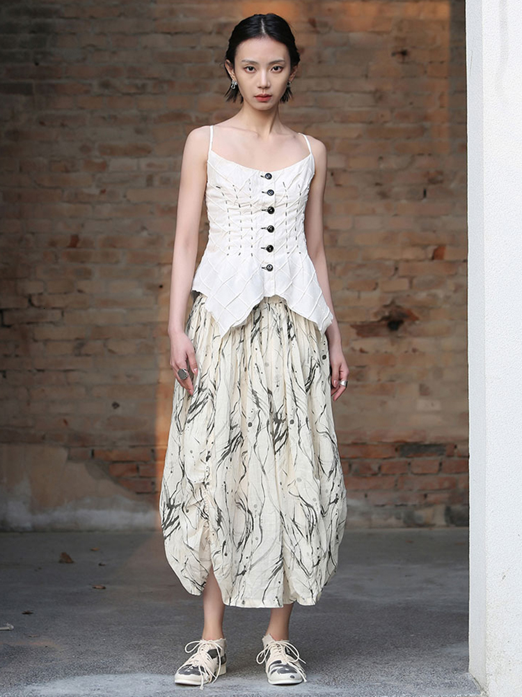 Skirts EAM High Elastic Waist Apricot Pattern Printed Long Vintage Halfbody Skirt Women Fashion Spring Autumn 2023 1DF7968 230720