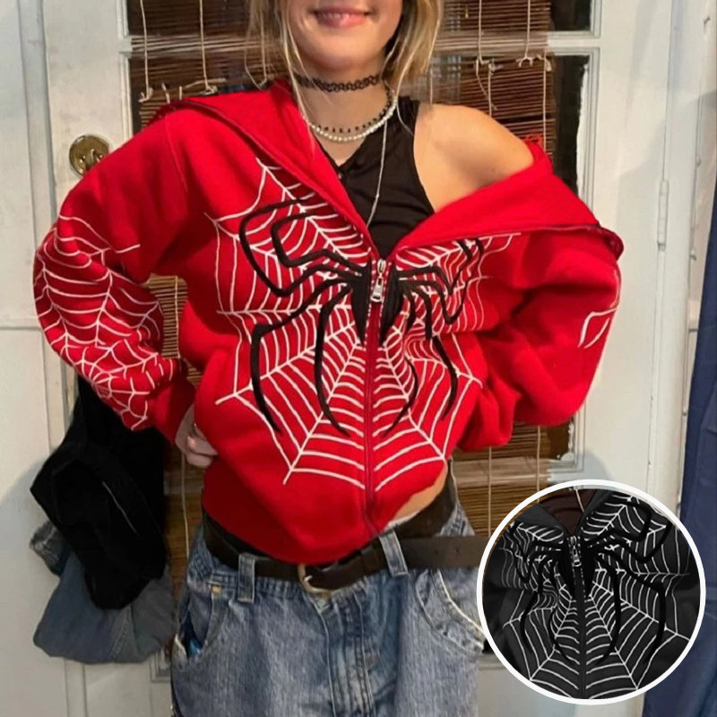 Men's Hoodies Sweatshirts Women Spider Web Graphic Hoodies Autumn Harajuku Hip Hop Casual Loose Hooded Sweatshirt Punk Gothic Grunge Zipper Y2K T