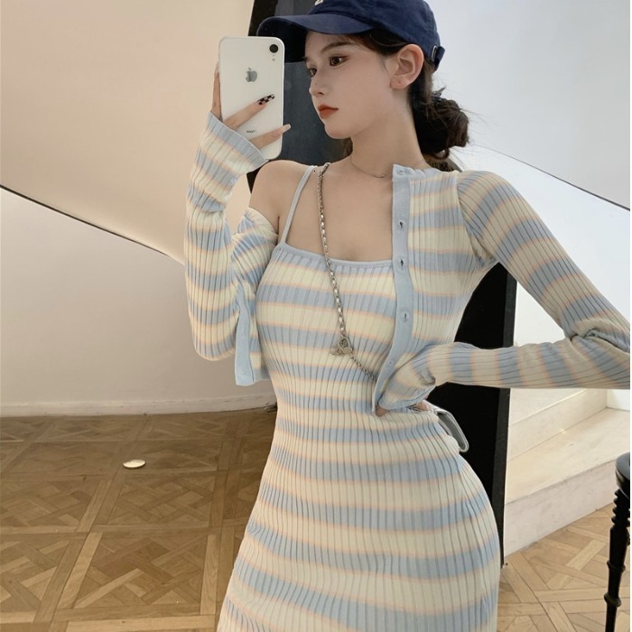 Two Piece Dress Stripe Knitted Women Fashion Two Piece Set Autumn Long Sleeve Cardigan Tops And Sexy Sheath Sling Dress Elegant Suit Female 230720