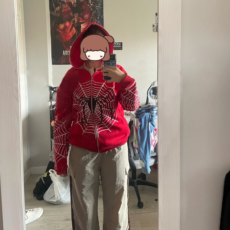 Men's Hoodies Sweatshirts Women Spider Web Graphic Hoodies Autumn Harajuku Hip Hop Casual Loose Hooded Sweatshirt Punk Gothic Grunge Zipper Y2K T