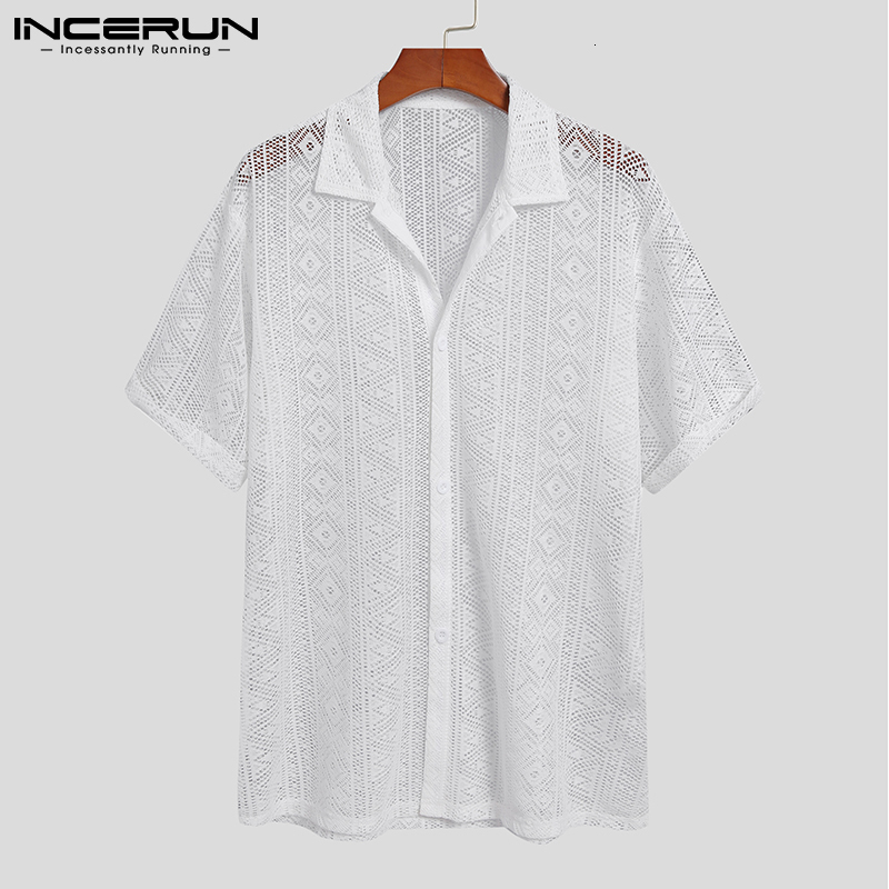 Men's Casual Shirts INCERUN Men Shirt Mesh See Through Lapel Sexy Short Sleeve Lace Button Camisas Streetwear Party Nightclub Men Clothing 7 2307