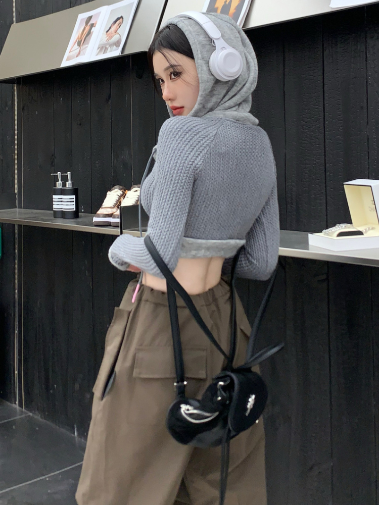Women's Knits Tees Deeptown Y2K Vintage Hooded Cropped Cardigan Women Harajuku Kpop Zipper Knitted Sweater Korean Fashion Slim Long Sleeve Tops 0