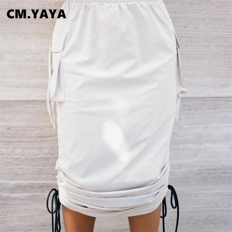 Skirts CMYAYA Loose Side Drawstring Pleating Solid Women Adjustable Length Skirt with Pockets Female Casual Streetwear 230720