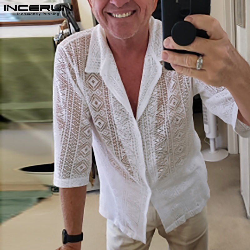 Men's Casual Shirts INCERUN Men Shirt Mesh See Through Lapel Sexy Short Sleeve Lace Button Camisas Streetwear Party Nightclub Men Clothing 7 2307