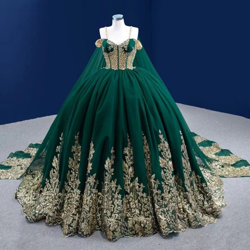 Green Quinceanera Dresses Ball Gown Birthday Party Spaghetti Strap Gold Applique Lace Beading Sweet 16 Dress Graduation vestidos de 15 Anos
