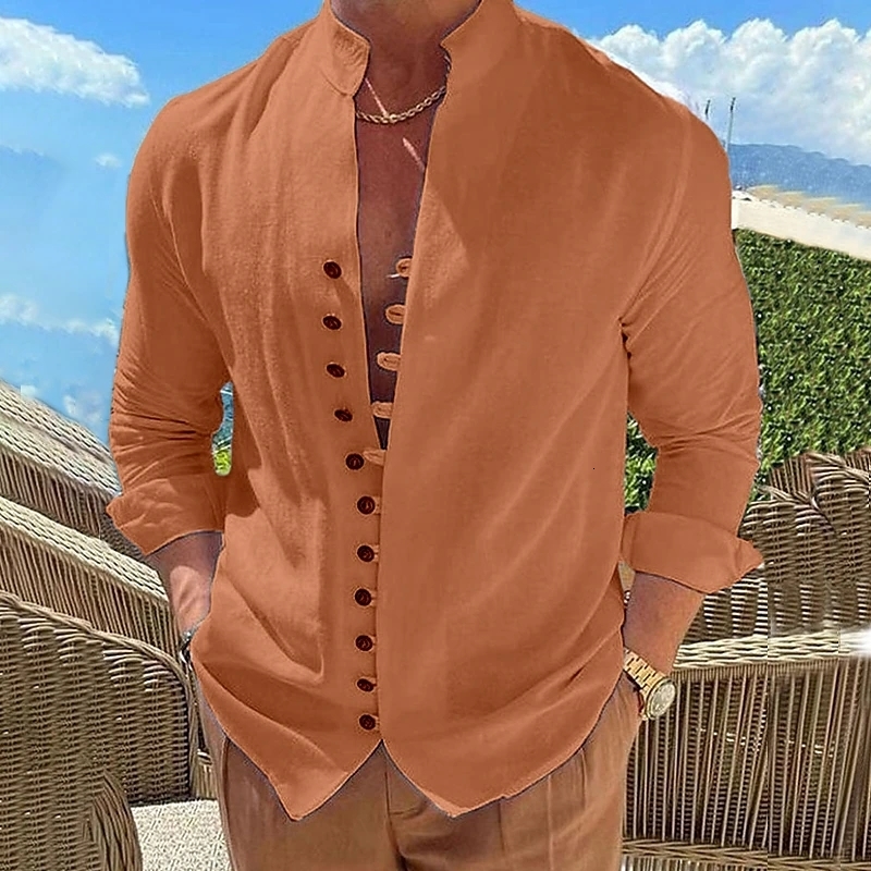 Men's Casual Shirts Men's Solid Color Linen Long Sleeve Shirt Button Shirts Trend vintage Stand Collar Casual Cotton Tops USSize 230720