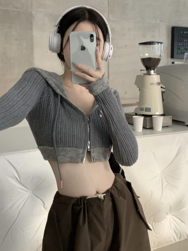 Women's Knits Tees Deeptown Y2K Vintage Hooded Cropped Cardigan Women Harajuku Kpop Zipper Knitted Sweater Korean Fashion Slim Long Sleeve Tops 0