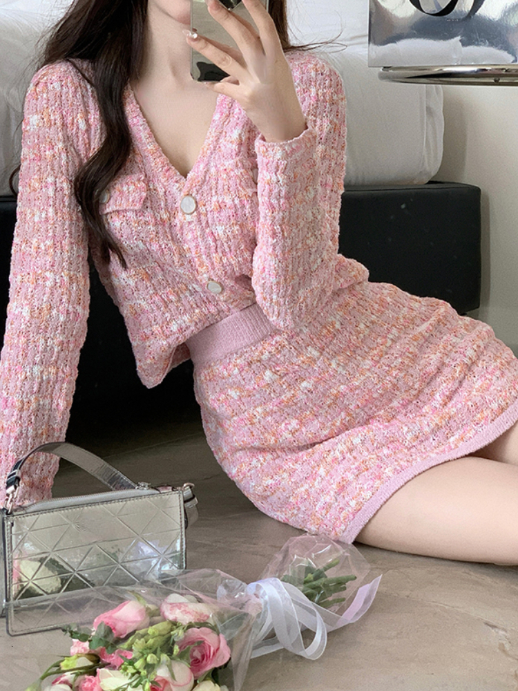 Two Piece Dress Two Piece Dress Set Sweet Cardigan Sweater Slim Skirt Pink Elegant Y2k Mini Dress Autumn Office Lady Casual Knitted Suits 230720